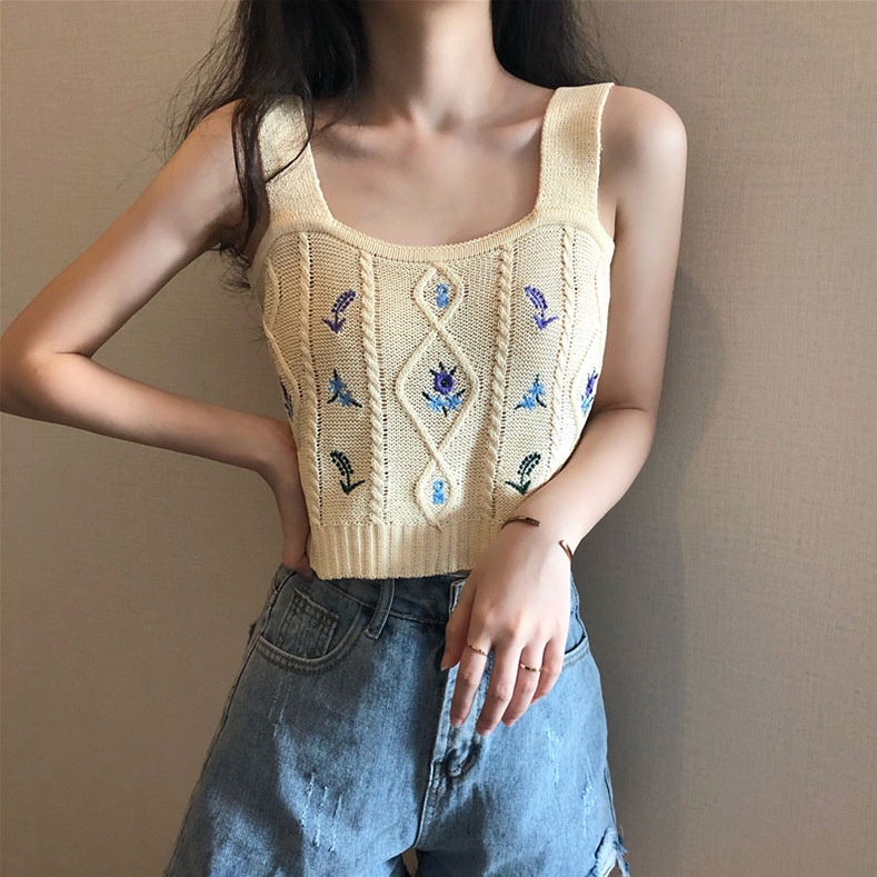 Áo 2 dây bản to croptop sexy kiểu Hàn Quốc phong cách Ulzzang nhiều màu ôm body thêu hoa Siêu Hot S2-1