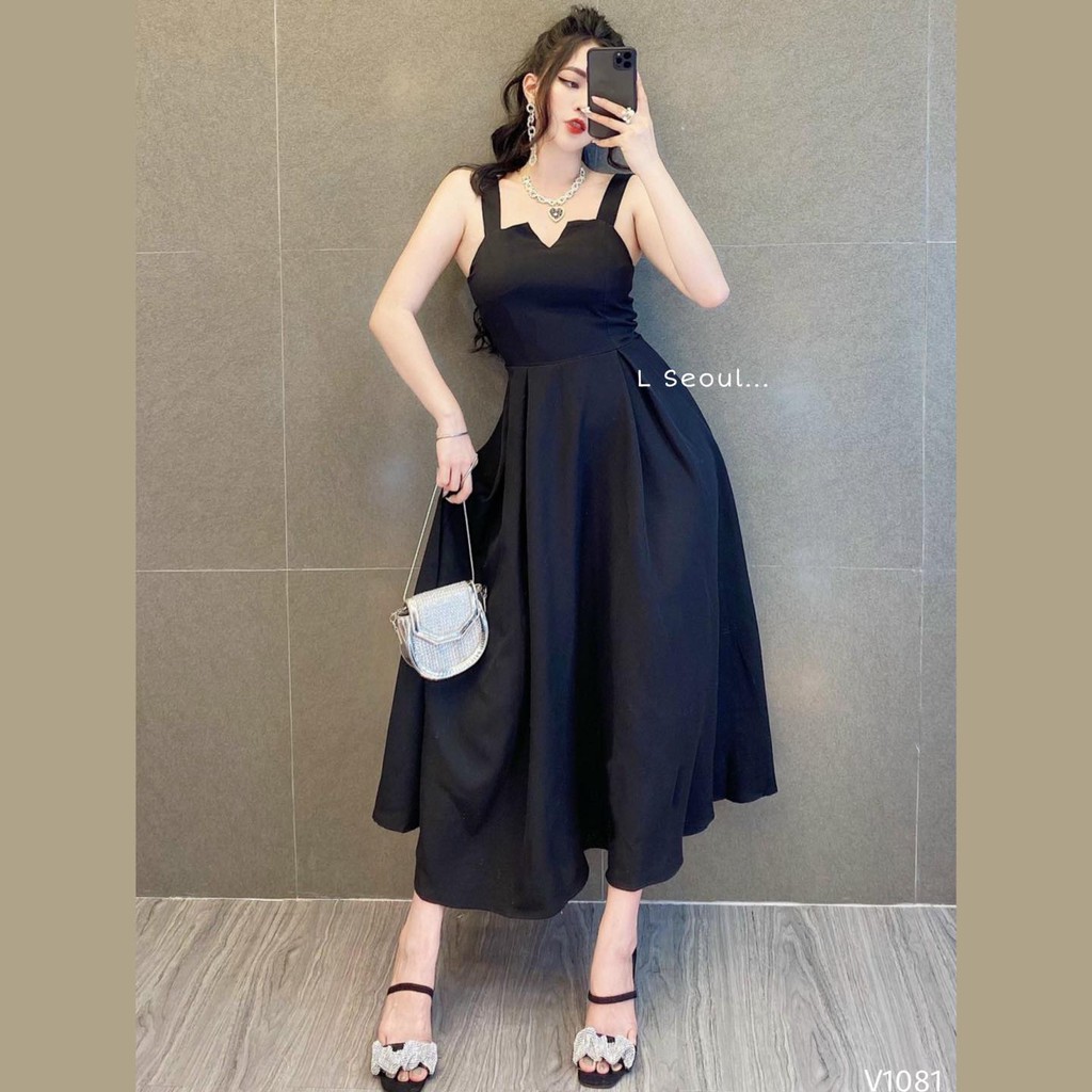Đầm 2 Dây Xòe Dáng Dài Cổ V LSEOUL V1081 Chất Dày Dặn Ngọt Ngào Nữ Tính