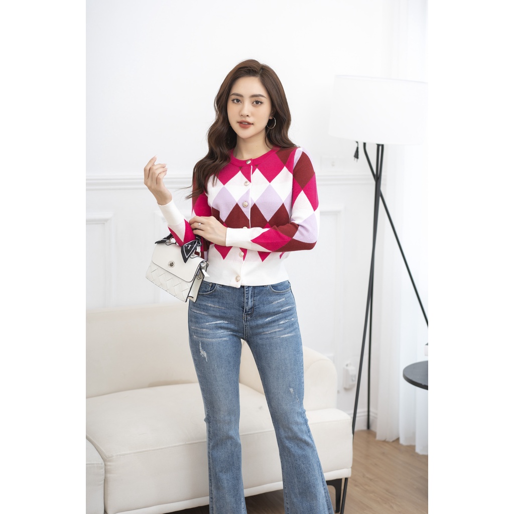 Áo khoác len nữ FIONA cổ tròn, Áo cardigan họa tiết hình thoi phối màu, dài tay mã F852751