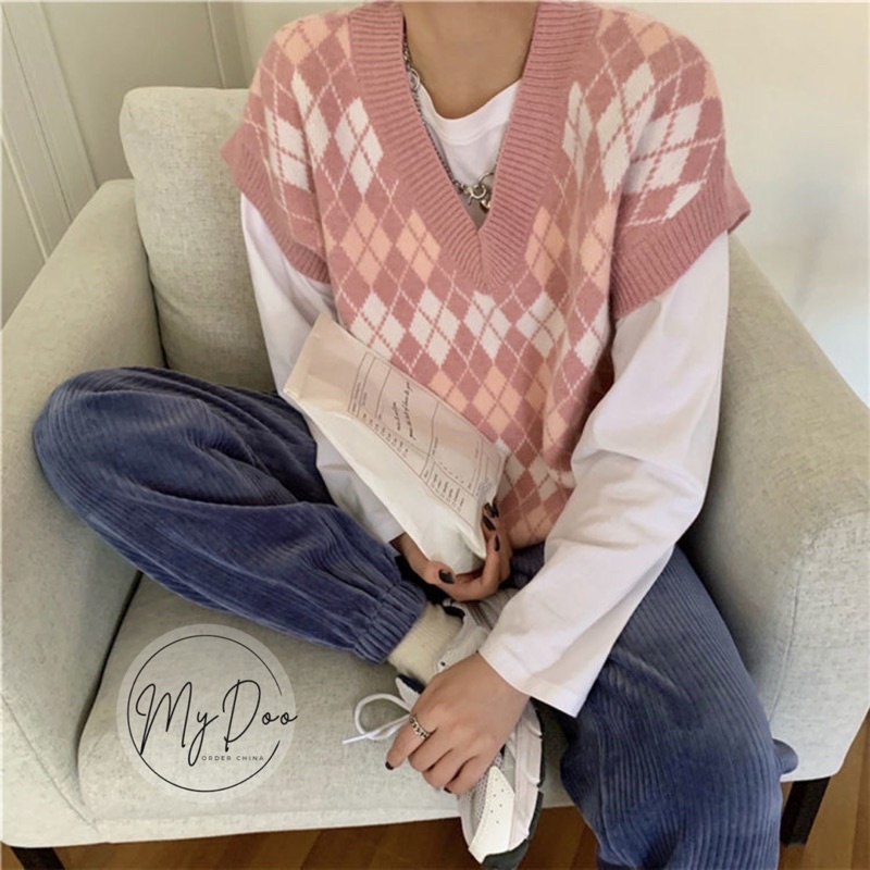 [ Trùm Sỉ Len ] Áo Cardeigan cộc tay - dài tay cho nữ hình thoi hồng xinh xắn - GL26