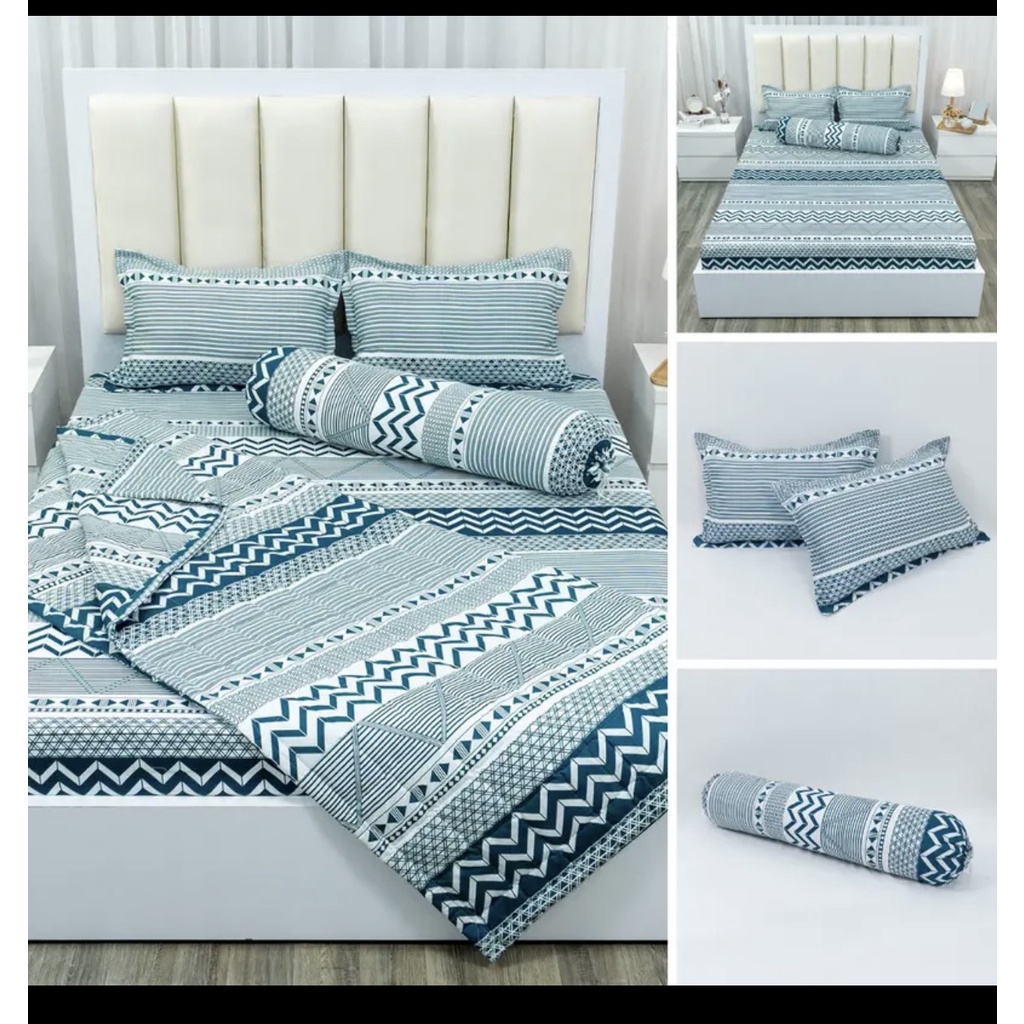 Trọn Bộ Chăn Ga Gối Hè Thu 5 Món Thổ Cẩm Xanh