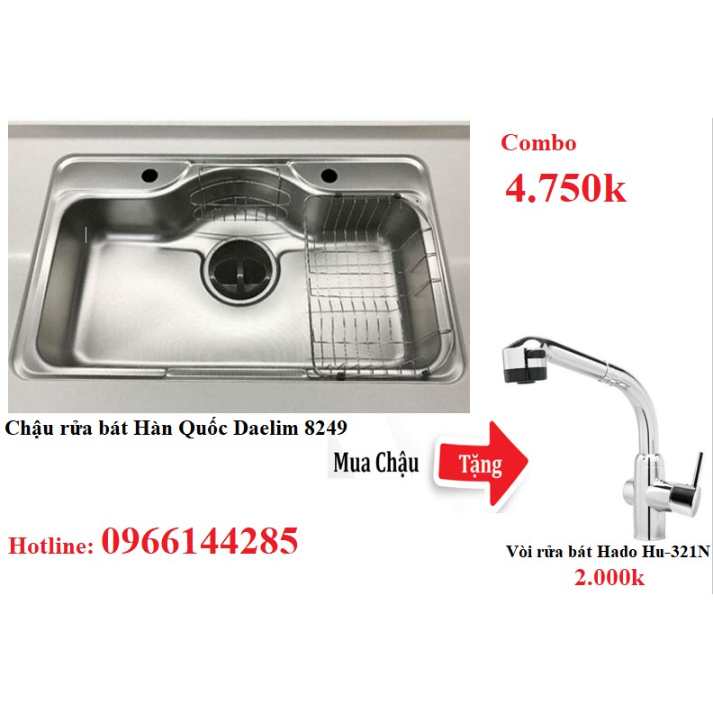 Chậu rửa bát Hàn Quốc Daelim 8249 tặng vòi rửa bát hado HU 321N