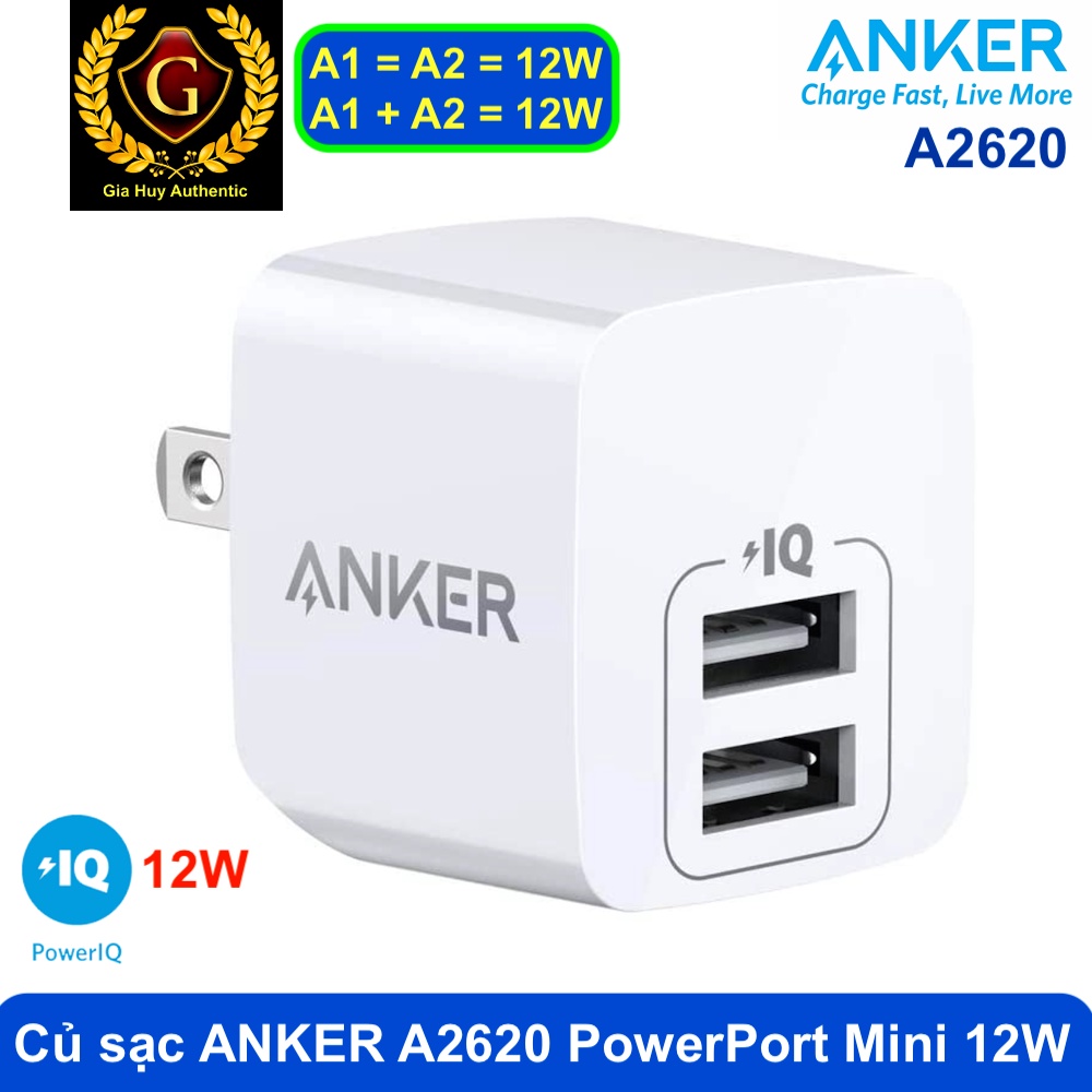 Củ sạc iPhone, iPad, iPod, AirPods ANKER PowerPort Mini A2620 12W - 02 cổng USB-A PiQ (5V/2.4A)