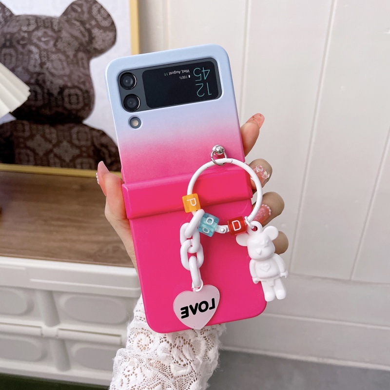 Ốp Điện Thoại Nắp Gập Chống Va Đập Màu Gradient Bóng Có Mặt Dây Hình Gấu Đá Cho Samsung Galaxy Z Flip 3 4