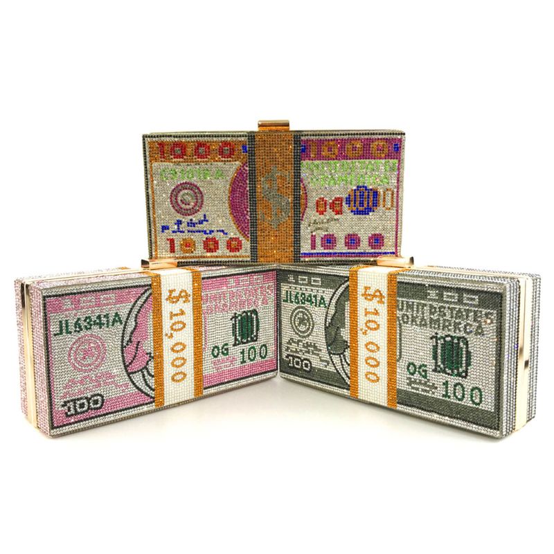 Ví Cầm Tay Đính Kim Cương Pha Lê Hình Đô La USD Cho Nữ