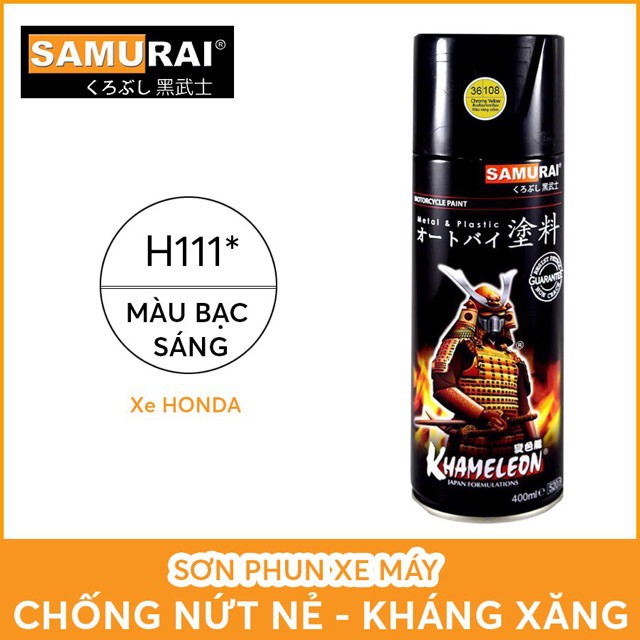 Bộ sản phẩm Chai sơn xịt xe máy Samurai H111 màu bạc sáng Honda, giấy nhám Nhật