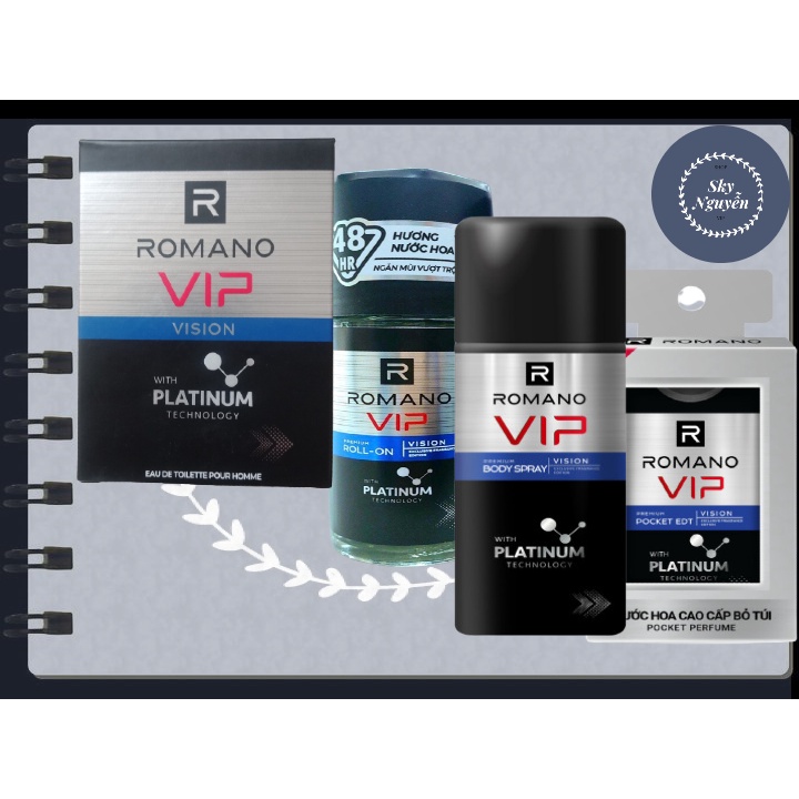 COMBO ROMANO VIP VISION: XỊT 150ML+ LĂN 50ML+ NƯỚC HOA 50ML+ NƯỚC HOA 18ML.
