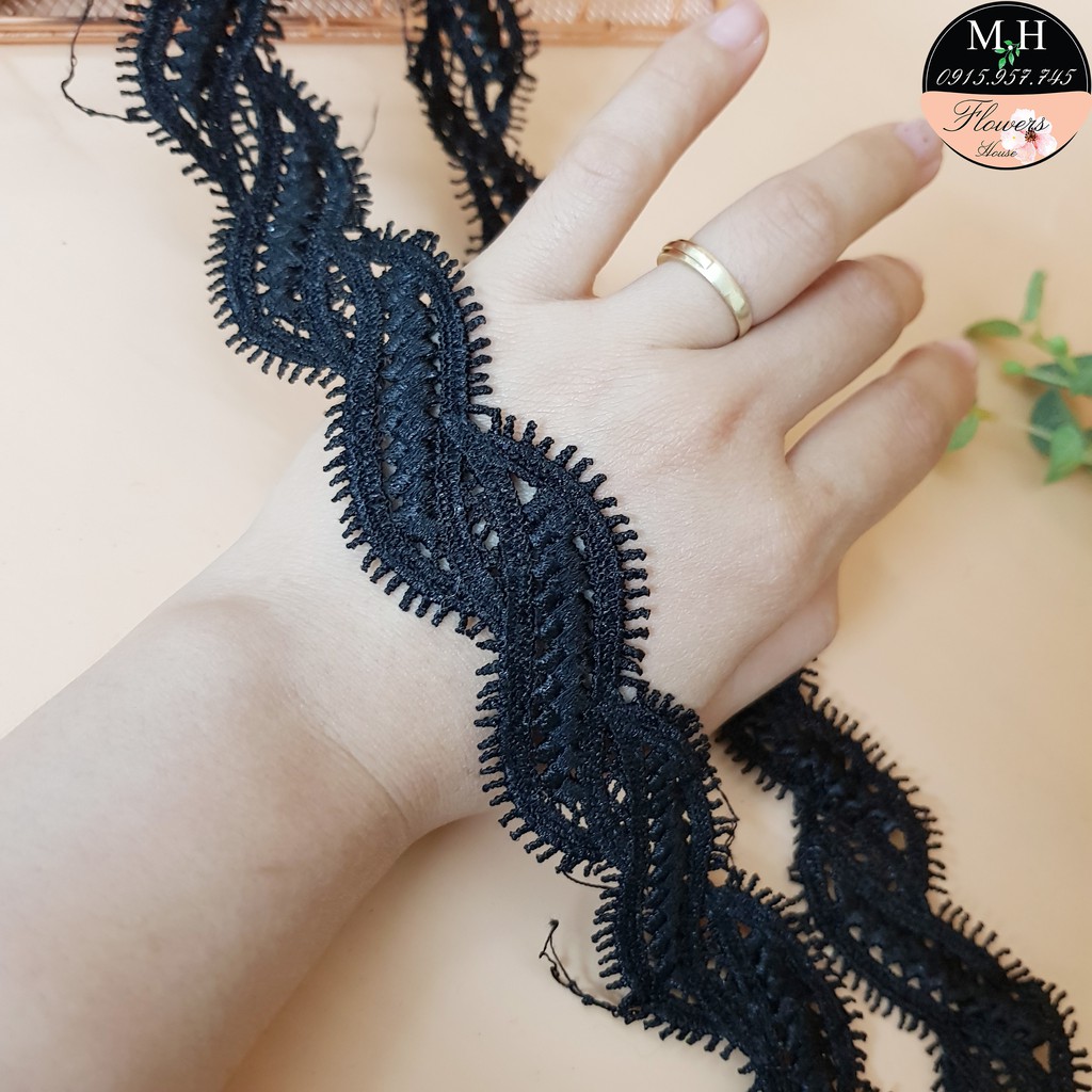 Dây vải ren chỉ đen thêu hình dẫu ngã, bản 3cm, dùng may váy áo, trang trí đồ thủ công