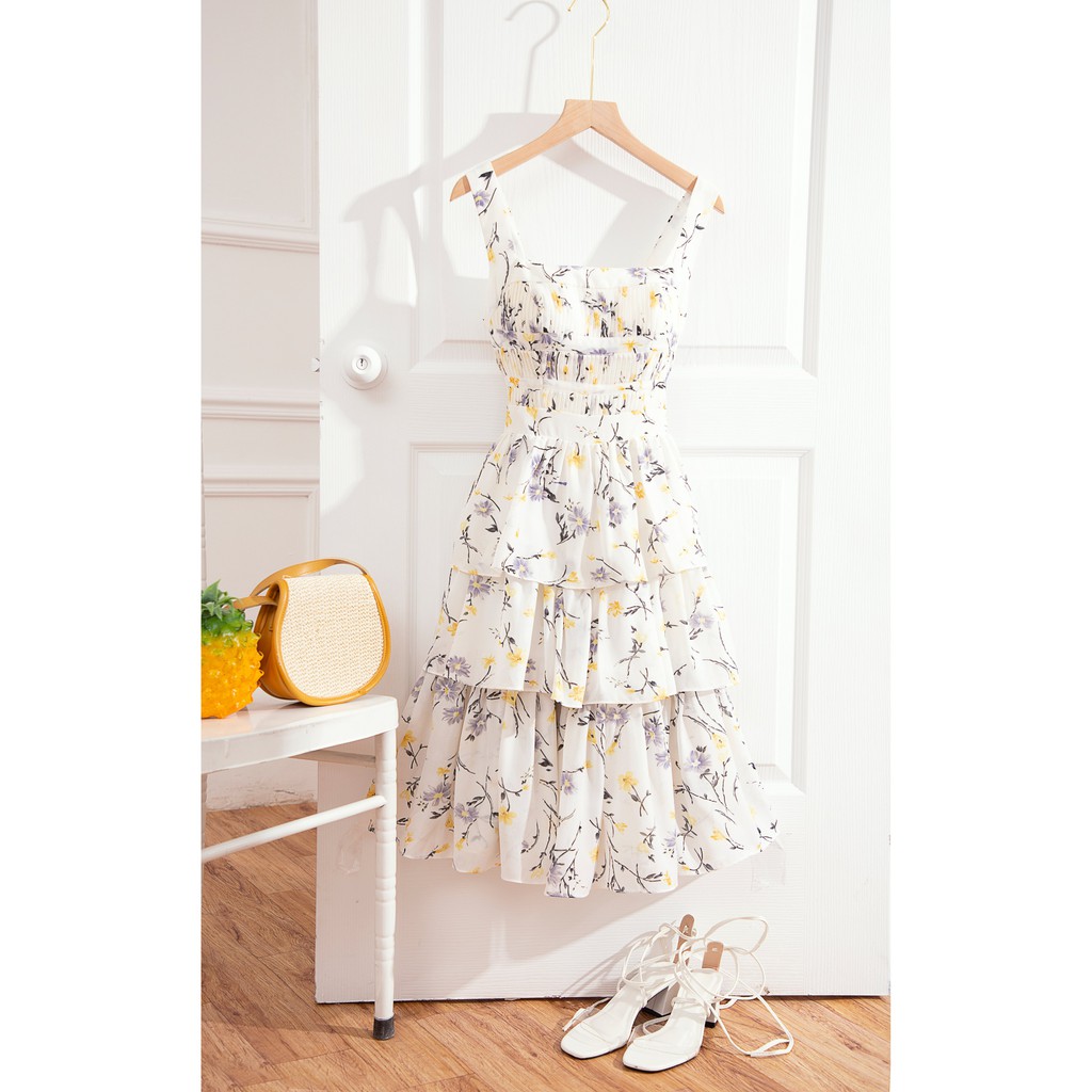 [Mã SKAMSALEP6 giảm 10% tối đa 100K đơn 150K] SÒ VINTAGE - HALY Đầm hoa xếp li ngực ba tầng