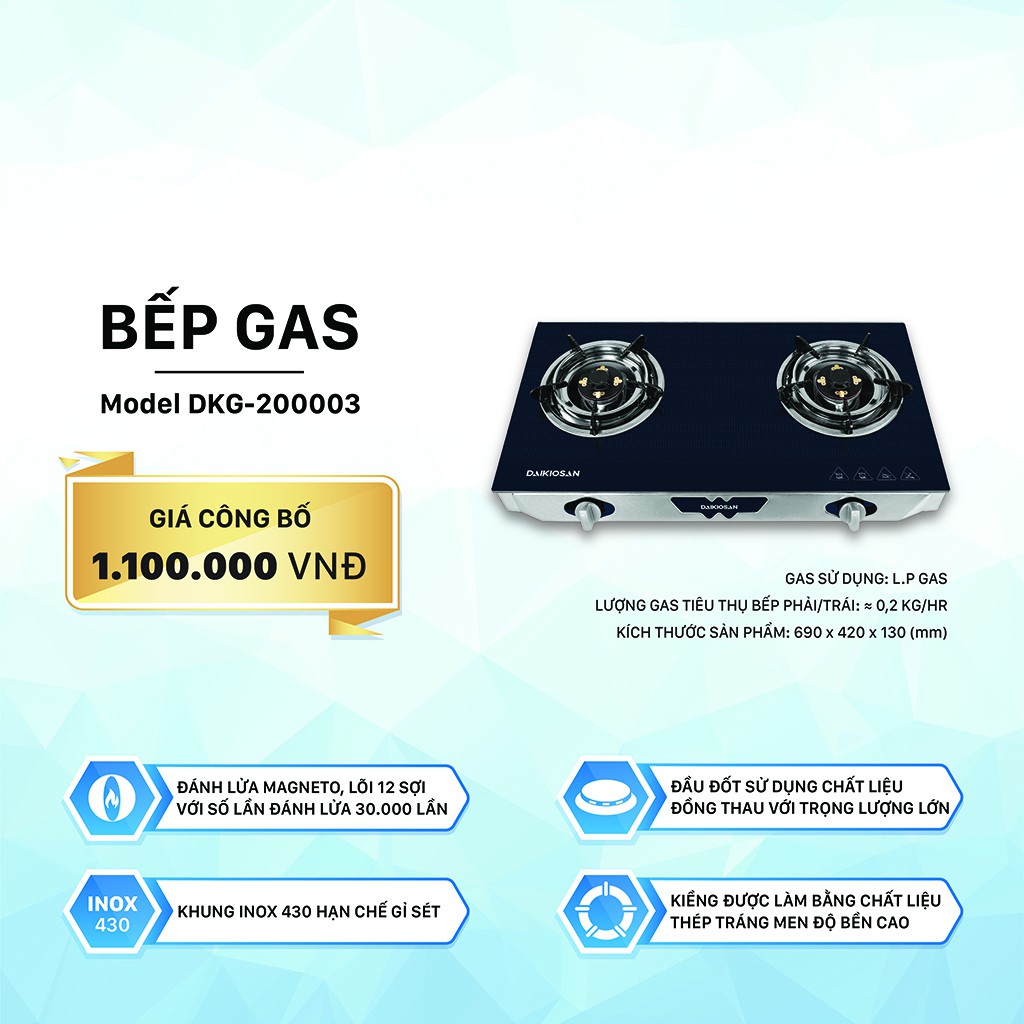 Bếp gas đôi Daikiosan DKG-200003 - Hệ thống đánh lửa Magneto cao cấp, mặt kính sang trọng, bền bỉ