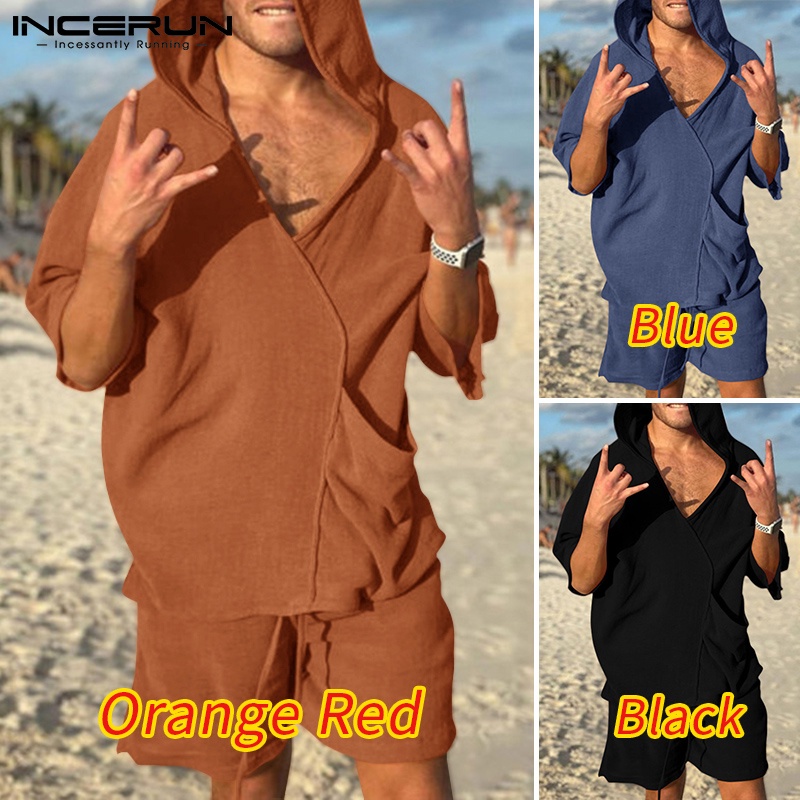 Set áo hoodie ngắn tay và quần short dáng rộng INCERUN phong cách thời trang cho nam 3 màu lựa chọn