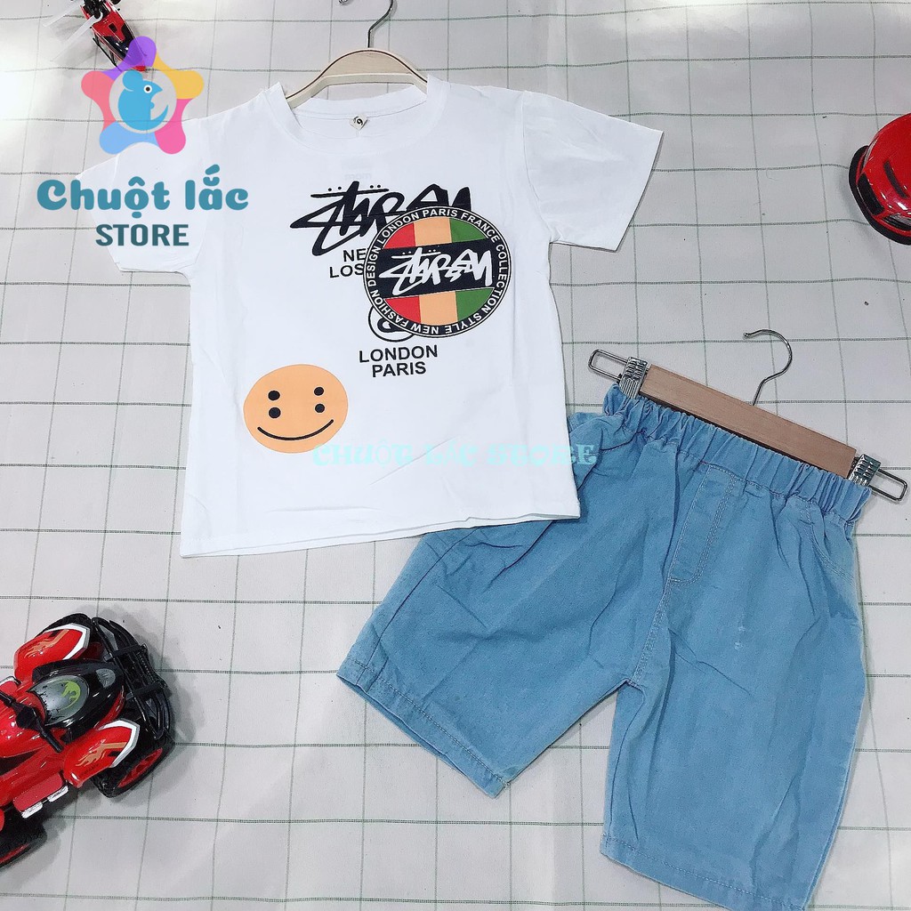 Bộ Quần Áo Bé Trai Chuột Lắc Store Size Đại Kiểu Chữ Ký Áo Cotton Quần Jean Cho Bé Từ 14Kg Đến 28Kg( Màu Trắng, Đen)