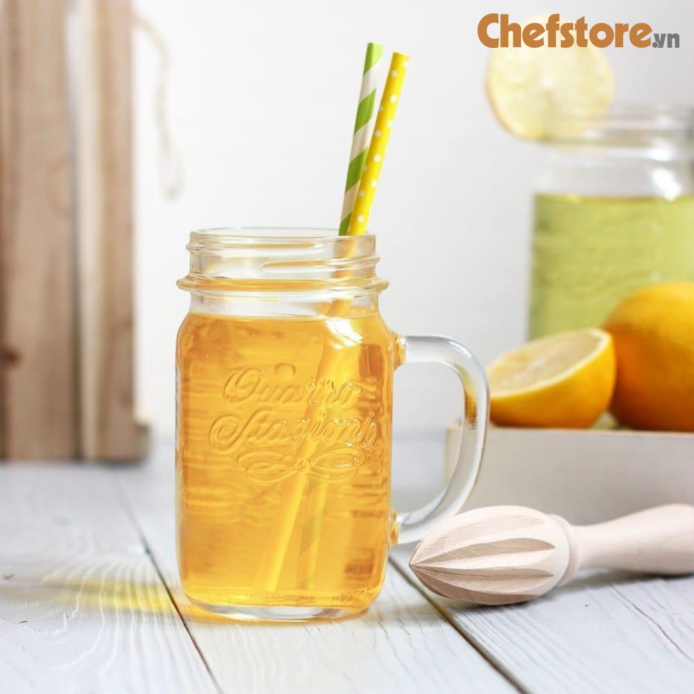 Cốc thủy tinh 💥 Bộ 2 hũ thủy tinh có quai có nắp vặn tiện lợi size 415 ml chính hãng BORMIOLI dùng đựng nước mang đi