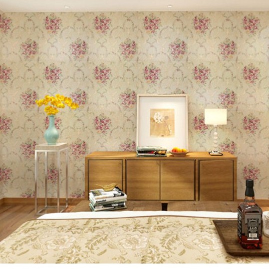 Cuộn 10m giấy dán tường hoa hồng chùm cổ điển vàng khổ rộng 45cm