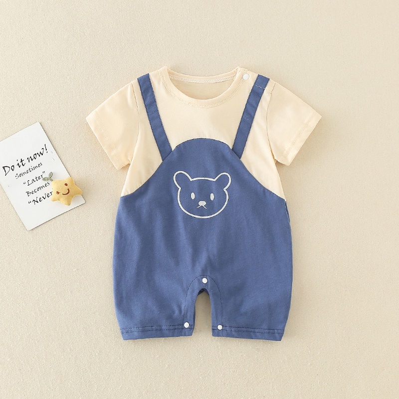 Áo Liền Quần Bằng Cotton Tay Ngắn In Họa Tiết Gấu Dễ Thương Thời Trang Mùa Hè Cho Bé Sơ Sinh 0-2 Tuổi