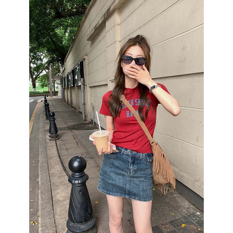 Áo Thun Ngắn Tay Cổ Tròn In Chữ Phong Cách retro Mỹ Cho Nữ