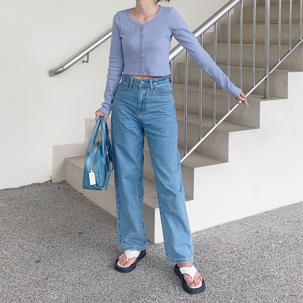 Quần Jeans Nữ Lưng Cao Ống Suông Rộng Màu Xanh LDL-102