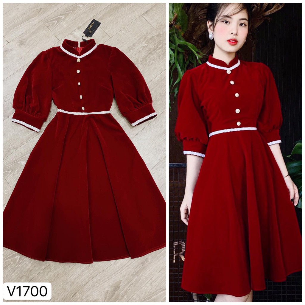 Váy nhung đỏ xòe ngắn viền trắng noel V1700 Đầm dự tiệc DVC - Maidieuhuyen ảnh thật mẫu cao 1m6 mặc MH