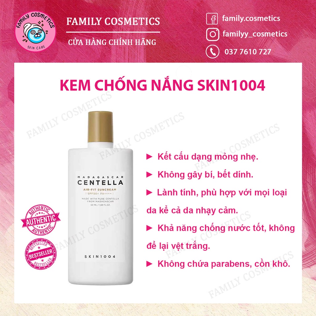 Kem Chống Nắng Rau Má Cân Bằng Ẩm SKIN1004 Madagascar Centella Air-Fit Suncream SPF50+ PA++++ 50ml