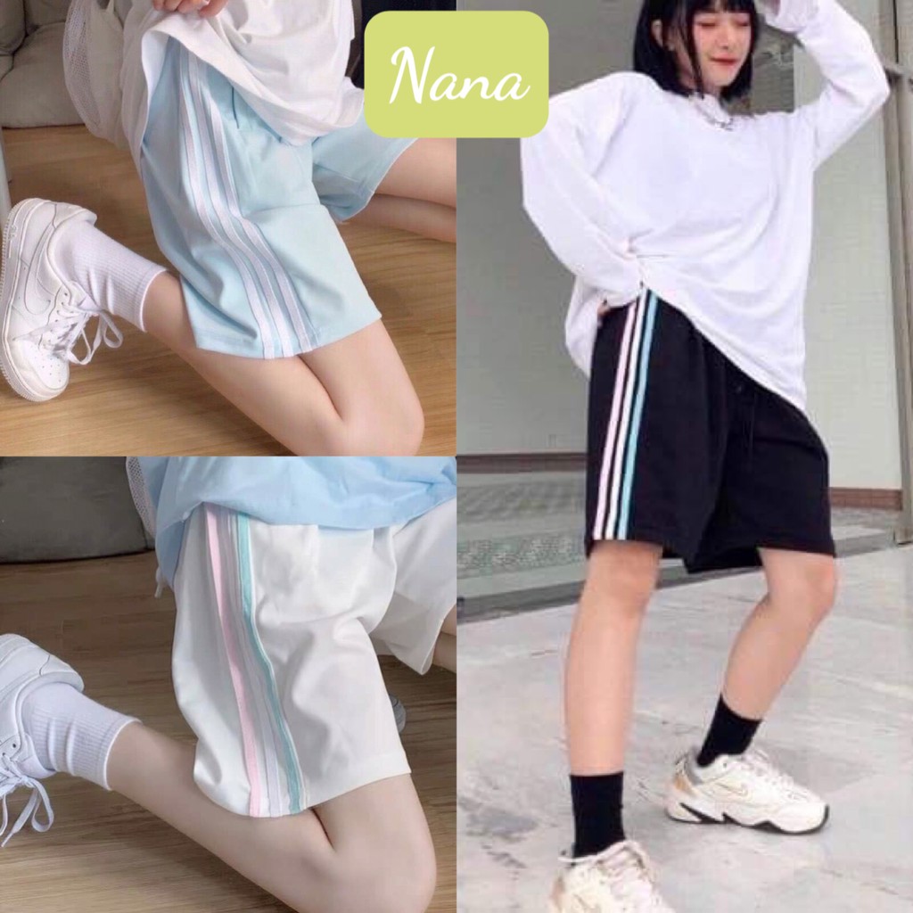 Quần short 3 sọc phối màu thể thao nam nữ ống rộng unisex