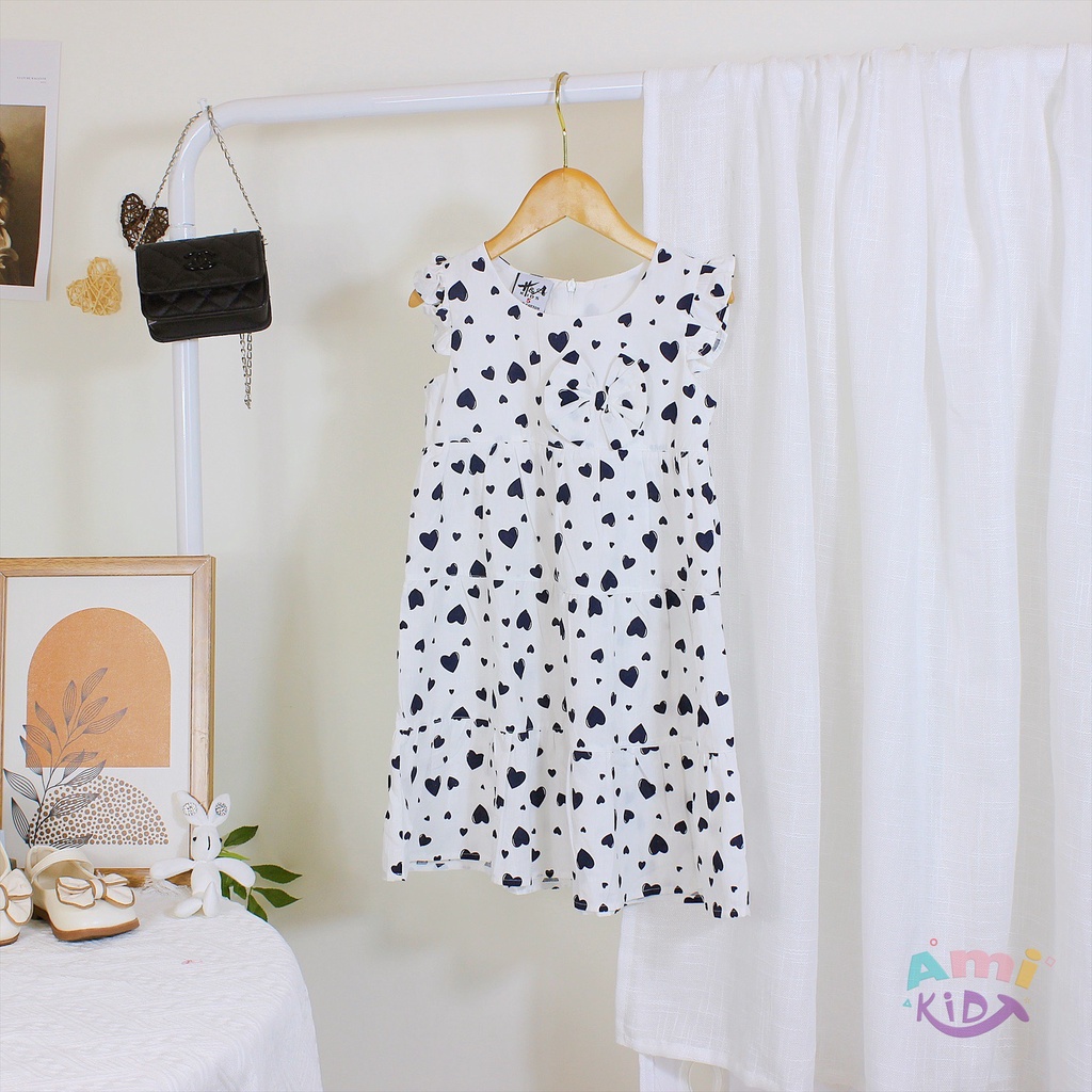 Đầm Bé Gái Họa Tiết Trái Tim Cổ Phối Nơ Xinh Xắn, Váy Babydoll 2 Tầng Tay Cánh Tiên Công Chúa Cho Tr