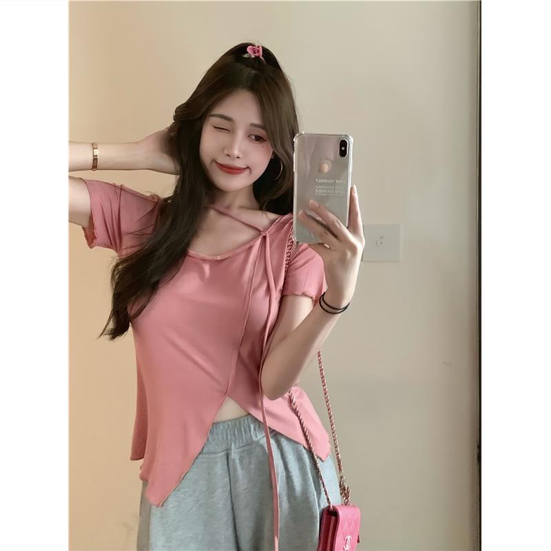 Short sleeve top short sleeve T-shirt plain T-shirt fashionable irregular design small public exposure clavicle bandage Pink Short Sleeve Top 2021 summer new