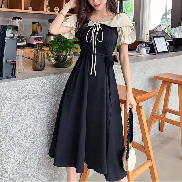 Đầm dáng xoè trơn trễ vai phối bèo kem thắt nơ tay con