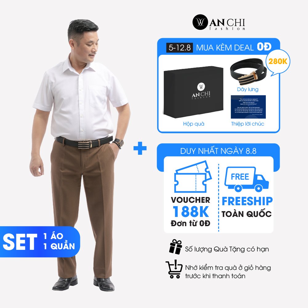 Combo Áo Sơ Mi Nam Sợi Tre Trắng Và Quần Âu Vàng Bò Trung Niên ANCHI Cao Cấp B4QAACW