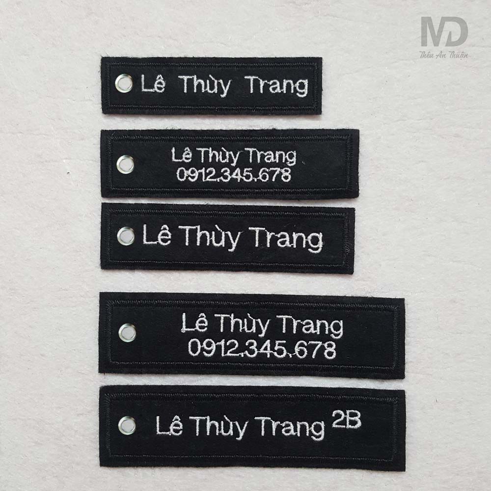 Móc treo chìa khóa vải thêu tự chọn, thẻ ghi chú thêu tên, biển số xe, name tag vali ... 2 lớp vải