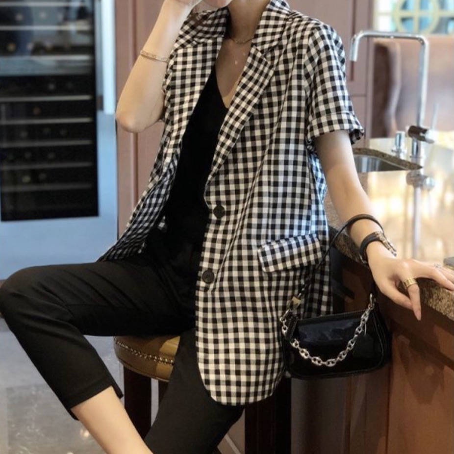 Áo Khoác Vest Mỏng Tay Ngắn Màu Trắng Đen Thời Trang Xuân Hè Năm 2021 Phong Cách Châu Âu Cho Nữ