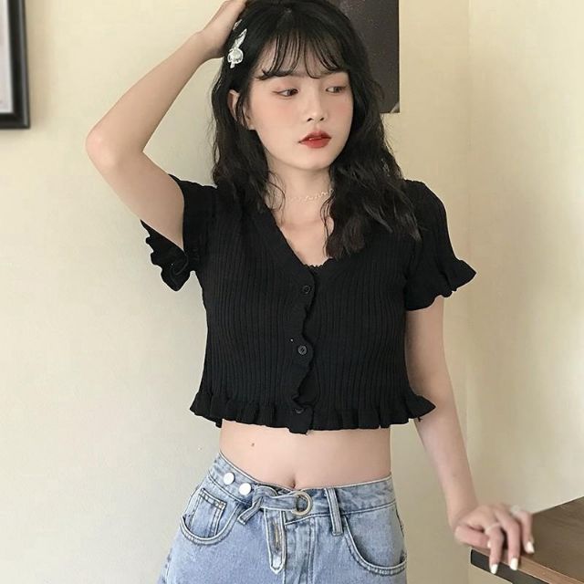Áo Croptop Dệt Kim Tay Ngắn Cổ Chữ V Màu Trơn Phong Cách Hàn Quốc