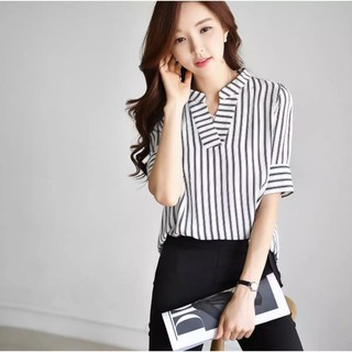 [MÃ KIMTXINH GIẢM 5K] Áo sơ mi nữ cổ trụ sọc tay lỡ cá tính - K2112A