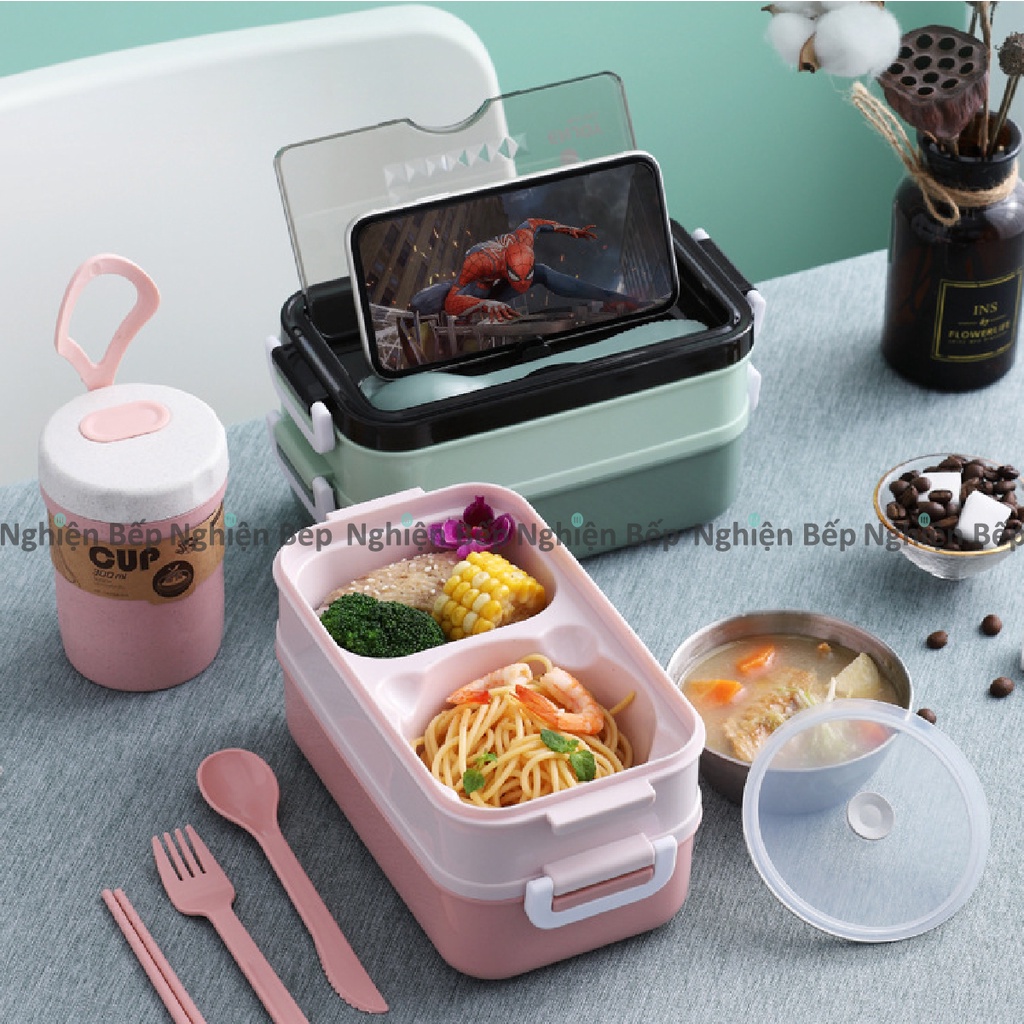 Hộp cơm văn phòng giữ nhiệt Hàn Quốc khay inox 304 vỏ nhựa PP SIÊU BỀN CHÍNH HÃNG nghienbep.vn cặp lồng cơm cà mèn