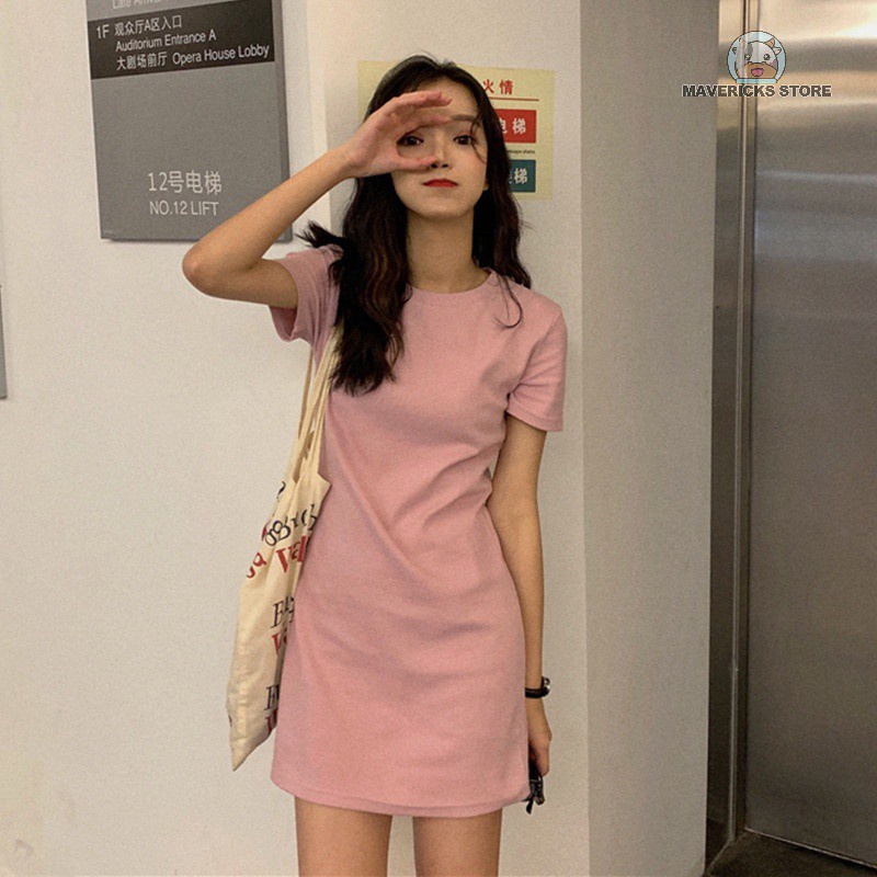 Đầm Thun Tay Ngắn Màu Sắc Đơn Giản Phong Cách Hàn Quốc Thời Trang Mùa Hè Cho Nữ