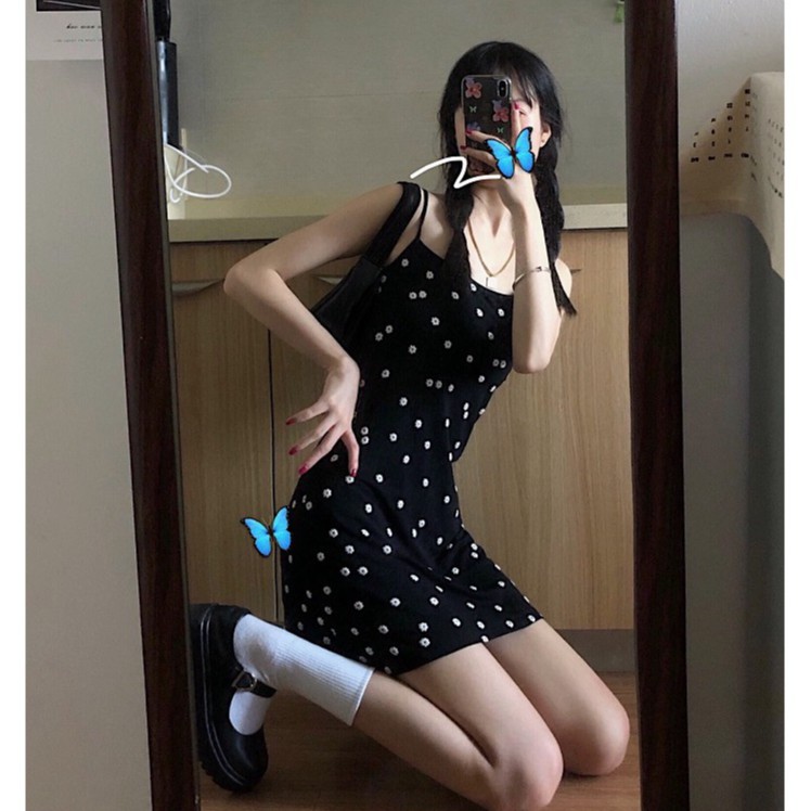 Váy 2 dây, đầm hai dây ulzzang, dáng ngắn năng động, Váy xòe hai dây chiết eo màu đen