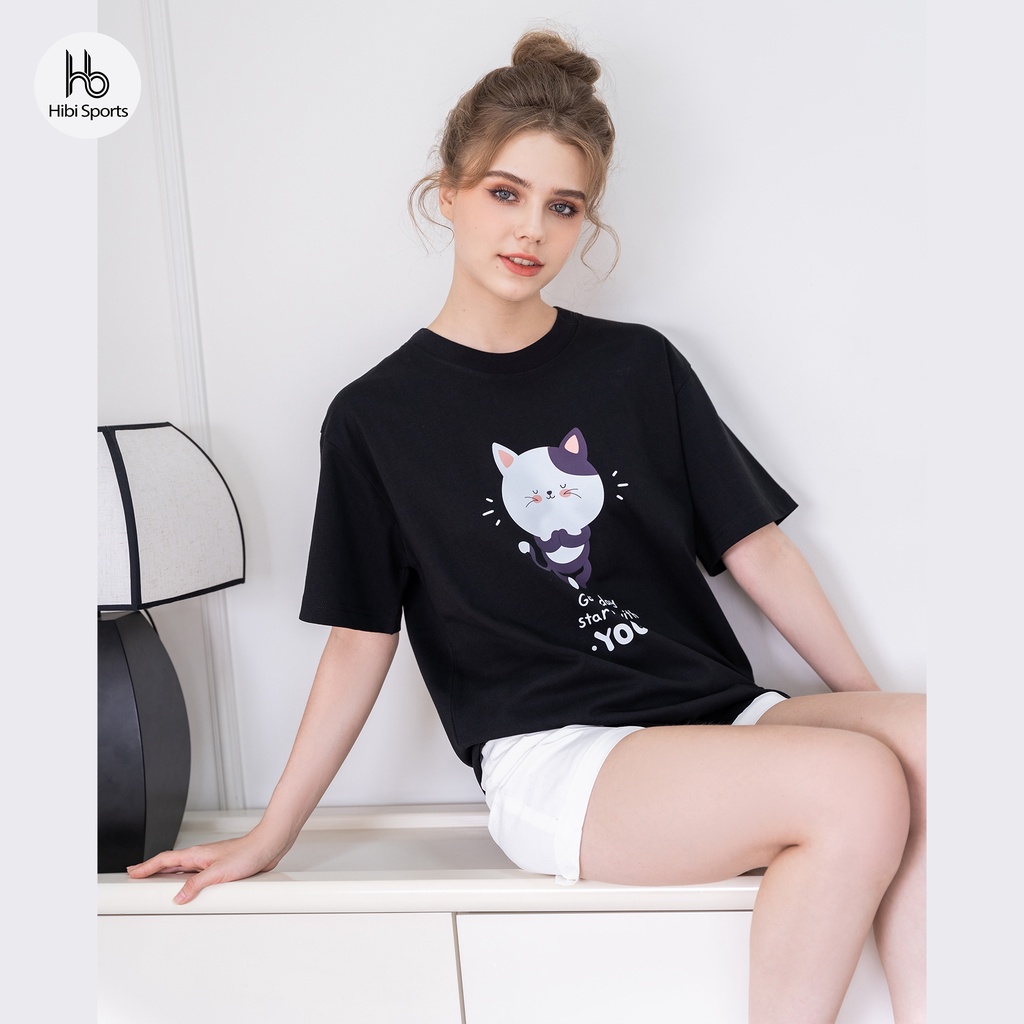 Áo thun tay lỡ Hibi Sports YOGA CAT ST005 kiểu phông unisex nam nữ, vải cotton Premium, form oversize