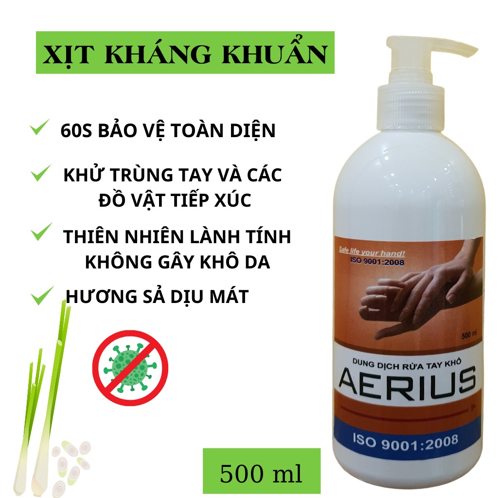 Nước rửa tay kháng khuẩn, xịt kháng khuẩn, dung dịch diệt khuẩn, rửa tay khô AERIUS  (chai 100ml - 250ml - 500ml))