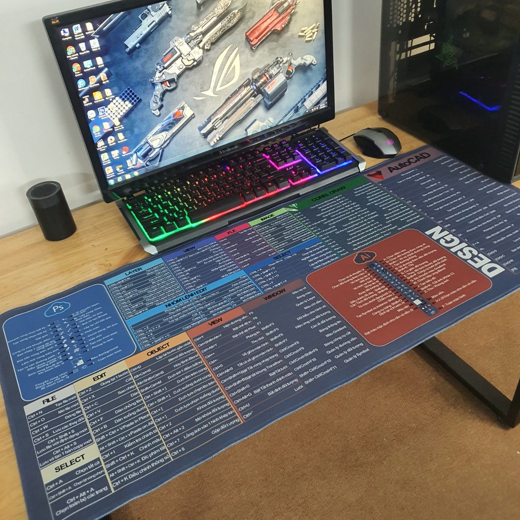 Lót chuột phím tắt PTS cỡ siêu to khổng lồ 100x50cm dày 4mm, bo viền chắc chắn, hình ảnh sắc nét, đầy đủ các phím tắt