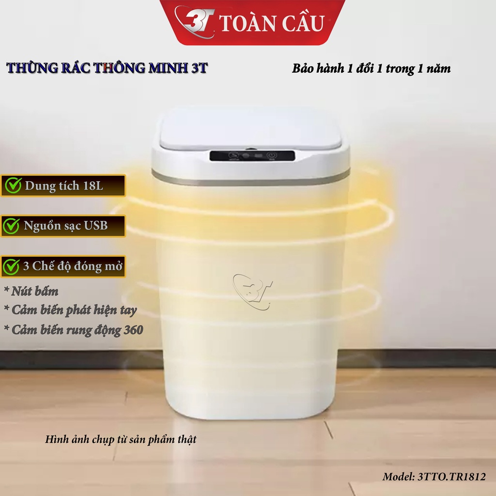 Thùng rác thông minh 18L Nguồn Sạc, 3 Chế Độ Mở Nắp Tự Động Bằng Cảm Biến Thông Minh, Nút Ấn Cảm Ứng