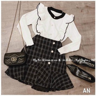 Set len trắng bèo chân váy dạ cúc