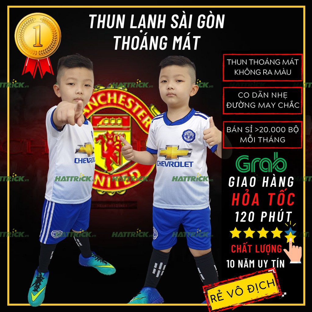 Đồ thể thao trẻ em Mu manchester trắng 2021 (11kg-41kg) thun Sài Gòn thoáng mát mềm mại, may chất lượng, xưởng bắng