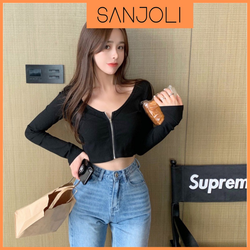 Áo Croptop Ôm Tay Dài SANJOLI Áo Kiểu Croptop Nữ Body Sexy Cổ Tim  Đẹp Bánh Bèo Trắng Đen AO036