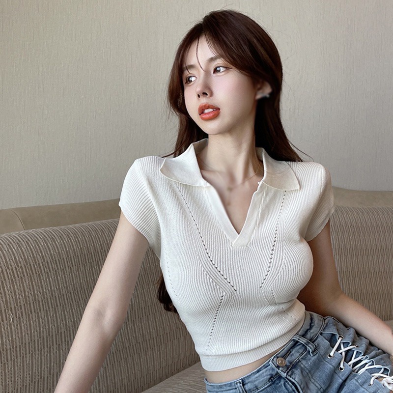 Áo Thun Croptop Dệt Kim Tay Ngắn Màu Sắc Trơn Thoáng Khí Phong Cách Hàn Quốc Cho Nữ