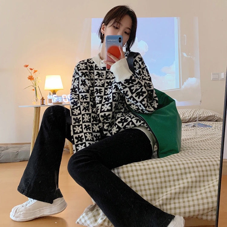 Áo sweater dáng rộng họa tiết sọc caro màu xanh dương sữa phong cách Hàn Quốc thời trang mùa thu cho nữ 2021