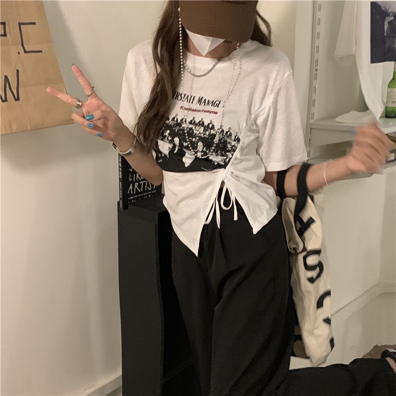 Áo thun dáng ngắn xẻ tà phối dây rút thời trang mùa hè dành cho nữ