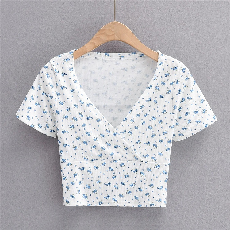 Áo croptop nữ tay ngắn , áo croptop hoa nhí mùa hè thiết kế đắp chéo trẻ trung | BigBuy360 - bigbuy360.vn