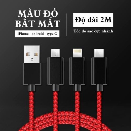 Combo cốc sạc 3 chân cắm USB sạc nhanh 3.4A  + dây sạc 2 mét 3 đầu iphone, androi, typeC bọc dù cao cấp COLLEN