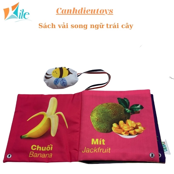 Sách vải song ngữ chủ đề trái cây, chất liệu mềm mại, an toàn, âm thanh chút chít