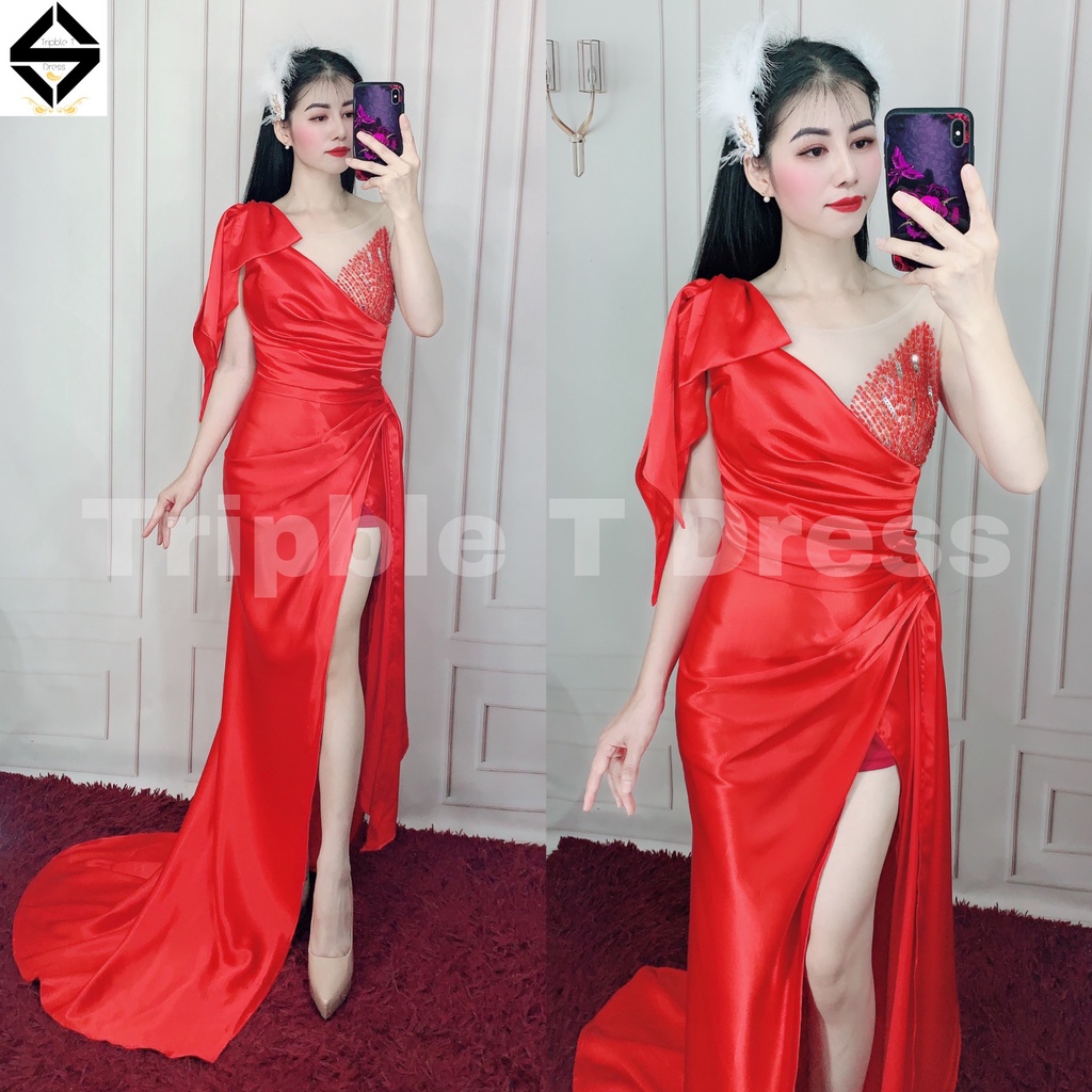 Đầm maxi body dạ hội TRIPBLE T DRESS 1 vai nơ kết cườm ngực - size S/M/L - MS236Y