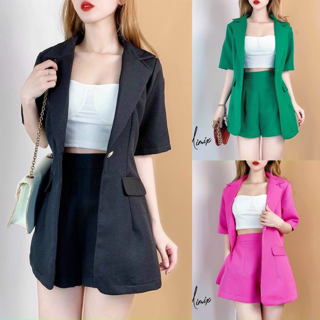 Sét Bộ Đồ Nữ 3 Món Áo Trong Cotton Phối Áo Vest Ngoài Kèm Quần Đùi Thiết Kế Sang Chảnh Đi Làm Công Sở, Dạ Hội
